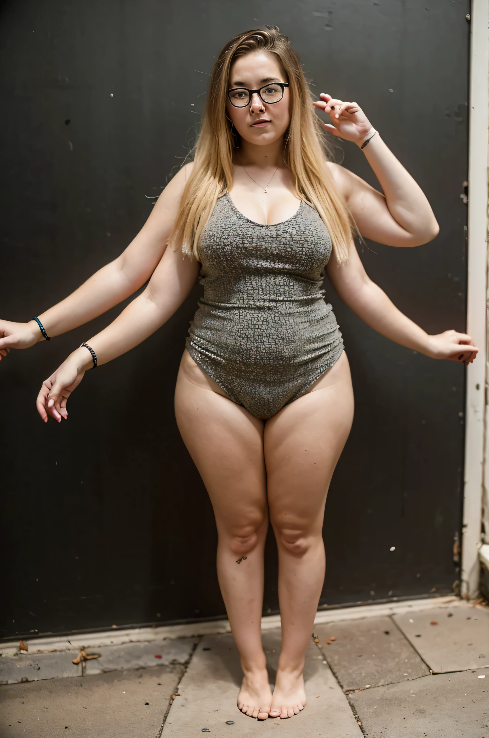 super nerdy age girl, overweight, bookish, glasses, unflattering hair and clothing, in school, pale skin, dirty blonde hair, four arms, three legs,