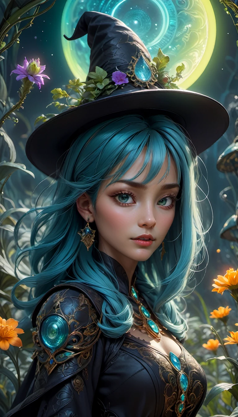 Images of a fascinated witch encountering alien life forms, Illumination of bioluminescent plants, Witch magic hat,The content is very detailed, Surreal, 10k high resolution, style, graffiti art, Glaslorne, Influenced by Art Nouveau, given, and future, The Art of Lunar Encryption Wow,