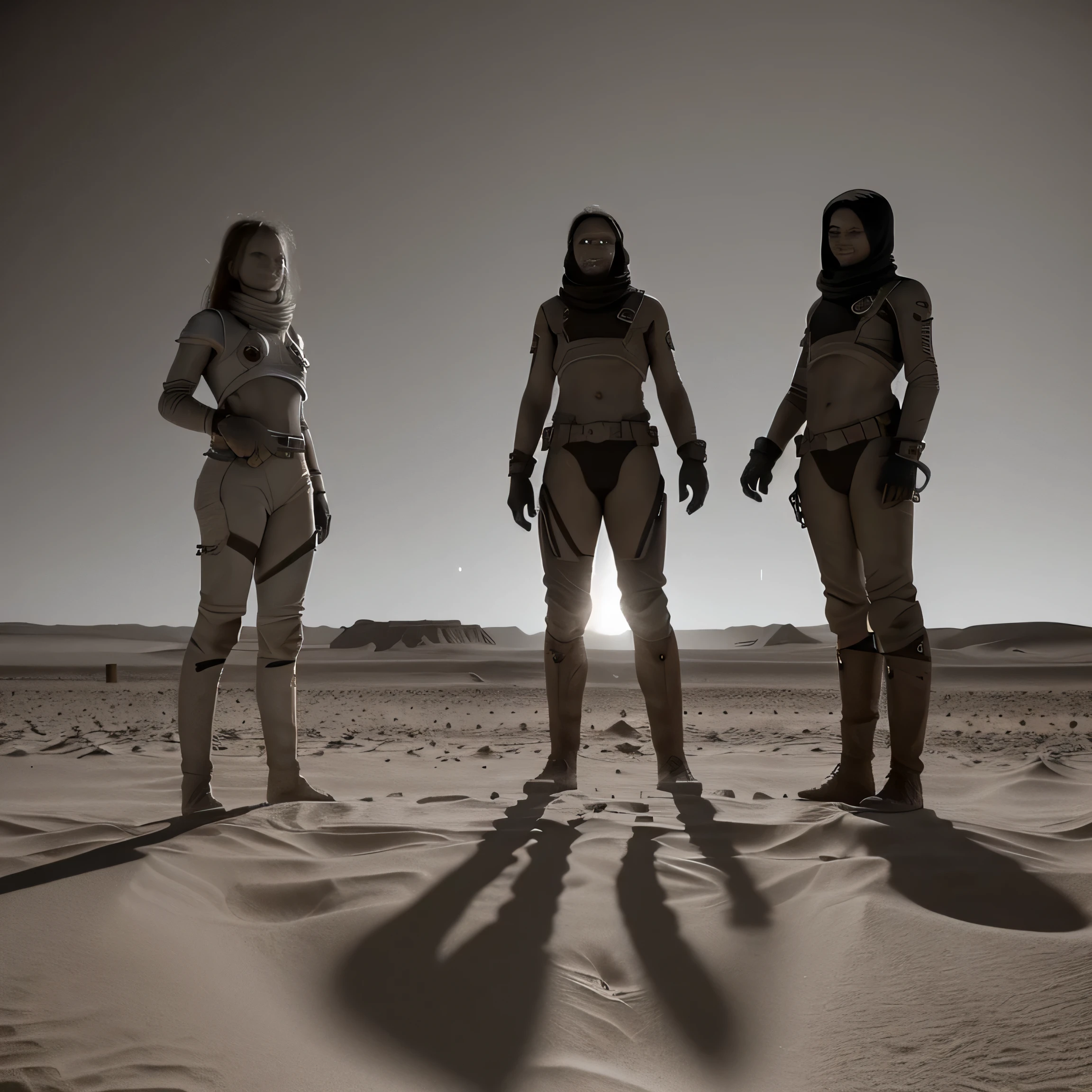 Title: "Inquisitive Horizon: Explorers of the Unknown"

Description:
In this striking professional photograph, a group of intrepid explorers stands amidst the vast expanse of a barren desert landscape, their collective gaze fixed upon a mysterious object or phenomenon emerging from the arid terrain. Against the backdrop of towering sand dunes and an endless horizon, the scene unfolds as a tableau of discovery and inquiry, evoking a sense of wonder and curiosity.

With the sun casting long shadows across the desert floor, the explorers form a dynamic silhouette against the golden hues of the sand. Their outstretched arms and pointed fingers converge towards the focal point of interest, signaling a shared determination to unravel the secrets concealed within the desolate landscape.

As the wind whispers across the dunes, carrying with it the echoes of distant mysteries, the explorers lean in closer, their expressions a mixture of awe and anticipation. Some kneel down to examine the object at ground level, while others stand tall, their eyes scanning the horizon for further clues.

In this remote and inhospitable environment, the spirit of exploration burns brightly within each member of the expedition, driving them forward in their quest for knowledge and understanding. Through their collective efforts, the desert becomes not just a backdrop, but a canvas upon which the human spirit of inquiry is writ large.

As the photographer captures this moment of shared discovery, the image serves as a testament to the resilience of the human spirit and the boundless potential of human curiosity. In the vast expanse of the desert, where every grain of sand holds a story untold, the explorers stand as beacons of hope, forging ahead towards the unknown horizon.