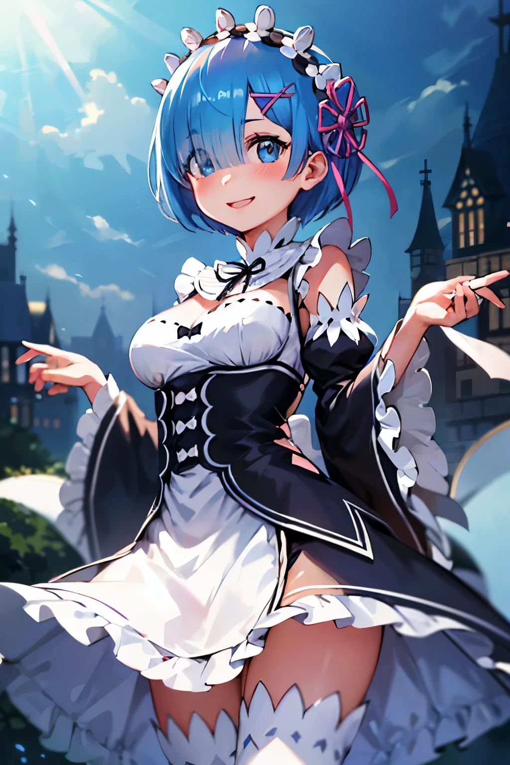 blue hair, rem \(re:zero\), [smile], blush, castle,, masterpiece, best quality, perfect lighting, 1girl, upskirt, medium breasts,