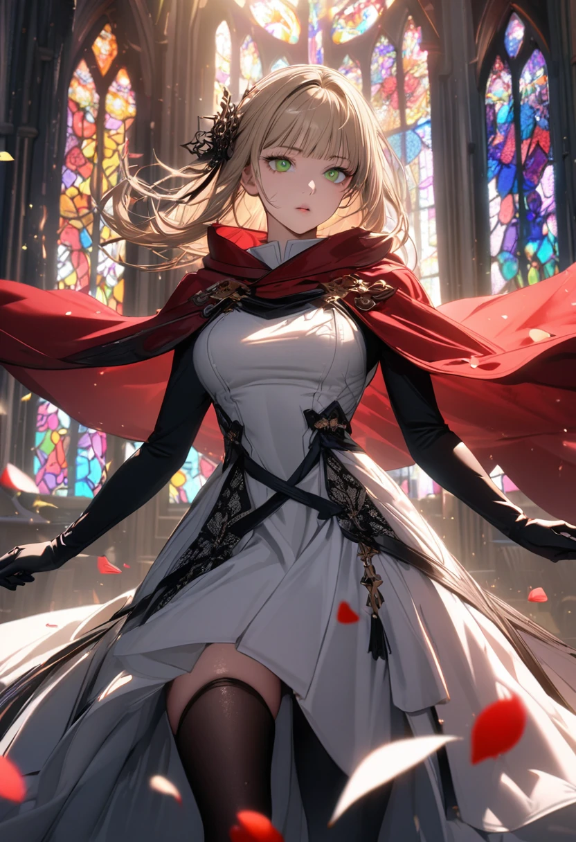 4k, very detailed, hd, Aida, ash blonde hair with bangs, green eyes, white fantasy dress with black patterns, red cape, Jujutsu Kaisen, Church, stained glass, petals, sunlight, black ribbon on her hair, 1 woman only, pretty, extreme beautiful, black gloves, black stockings,
