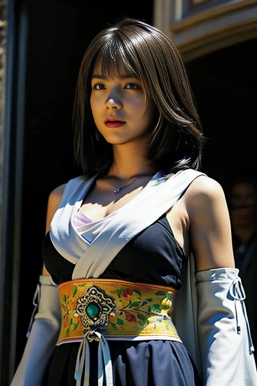 1 girl, alone, jewelry, removed sleeve, necklace, blue bead earrings, The skirt is also YunaFFX,
ultra high resolution, Upper body,photograph, photographrealistic, very detailed, detailed face, alone cute woman, royal palace,
medium breast star piece, high quality),looking at the viewer, gorgeous goddess, unusually long hair, very long hair, (rich:1.4), attractive hair blowing, attractive, dream-like, royal cloak, ((thick bangs)),
