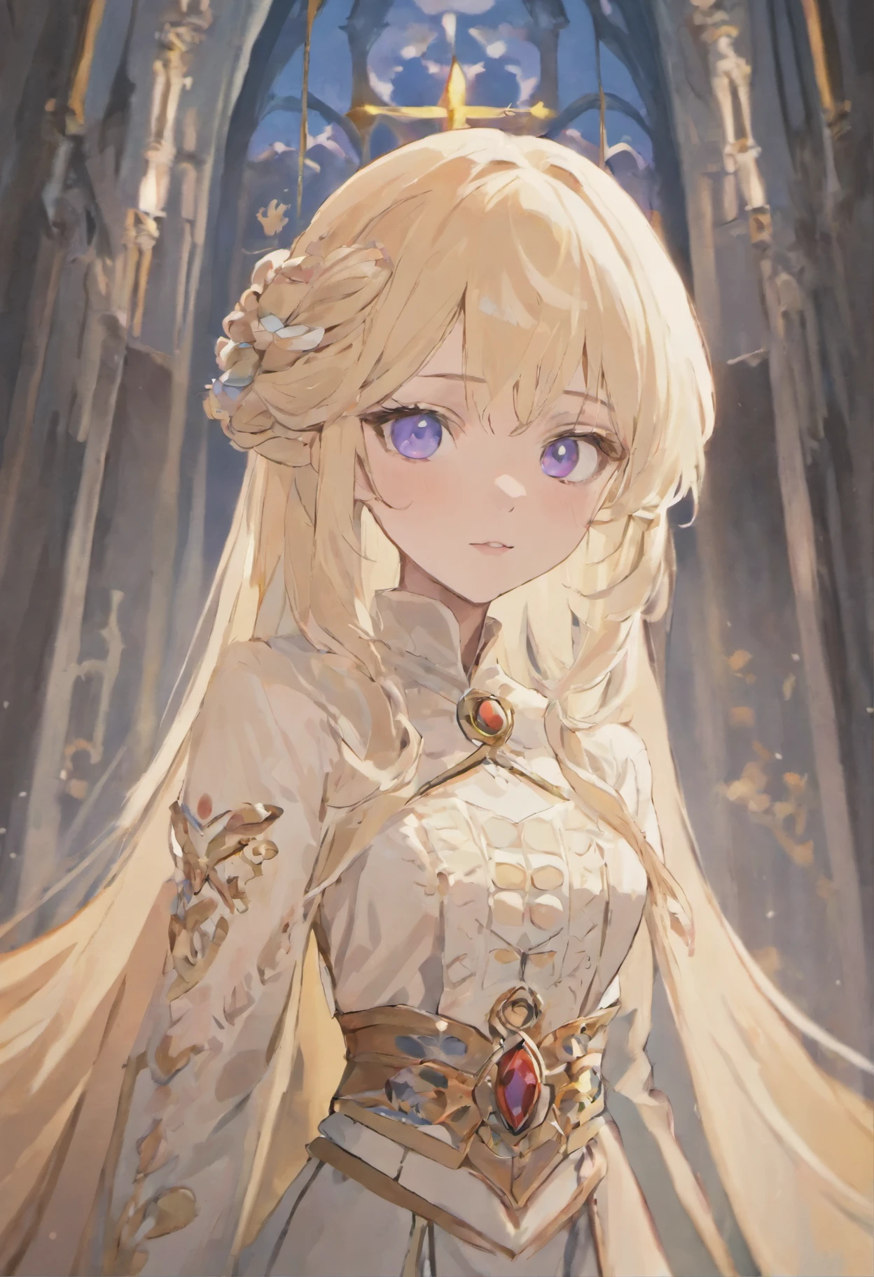 Una mujer joven linda Targaryen, con el cabello largo albino, with heterochromia, un ojo de distinto color, el ojo derecho de color celeste claro y el izquierdo de color violeta claro, vistiendo un vestido de color morado estilo medieval