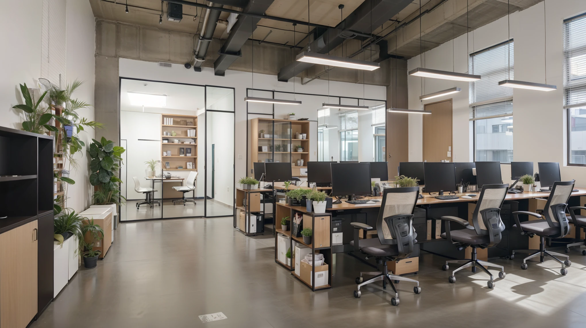 这间office里有很多桌子和椅子,There is another plant, modern office, In an open workspace, office, office内部, industrial space, Behind the scenes office space, 空荡荡的office, Photos of interior lofts, 开发office, 立方体会议室office, office隔间, office furniture, office室内, Commercial Ready, modern look, 在一间office