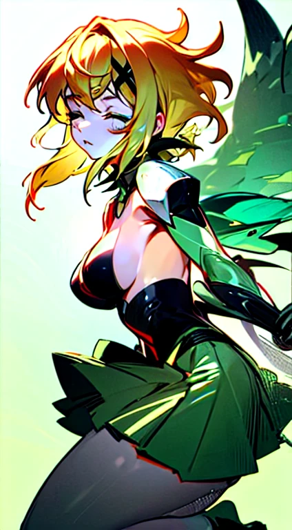 closed eyes, green transparent background, dynamic angle, flying in the center, ((masterpiece, best quality)), kirika akatsuki, aakirika, 1girl, topless, solo, young female, model, blonde hair, long wavy luminous hair, long bangs, huge breasts, g-cup breasts,full breasts, highest details, luminous eyes, x hair ornament, green eyes, ((futuristic magical girl costume)), elbow gloves, skirt, pantyhose,kirika akatsuki, short hair, x hair ornament,