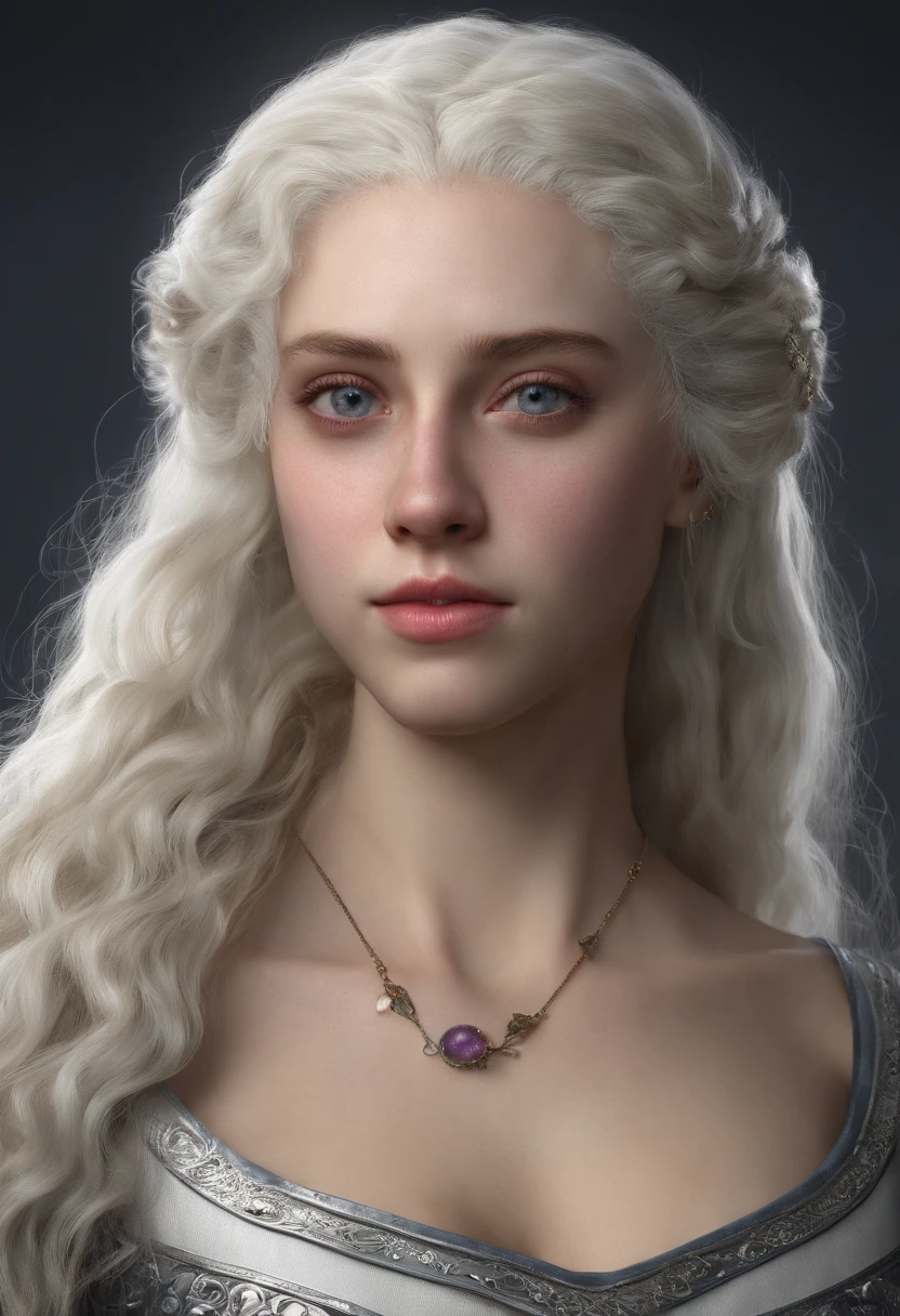 Una mujer joven linda Targaryen, con el cabello largo albino, with heterochromia, un ojo de distinto color, el ojo derecho de color celeste claro y el izquierdo de color violeta claro, vistiendo un vestido de color morado estilo medieval