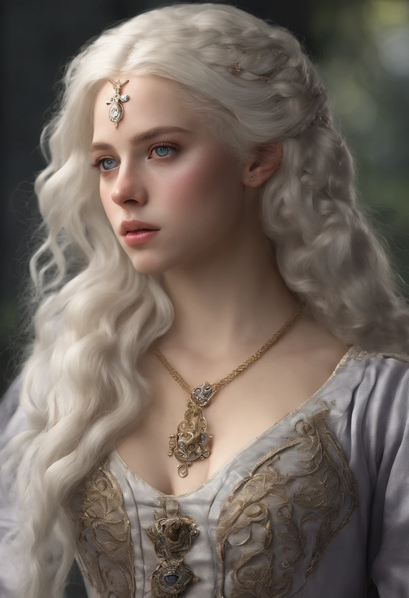 Una mujer joven linda Targaryen, con el cabello largo albino, with heterochromia, un ojo de distinto color, el ojo derecho de color celeste claro y el izquierdo de color violeta claro, vistiendo un vestido de color morado estilo medieval