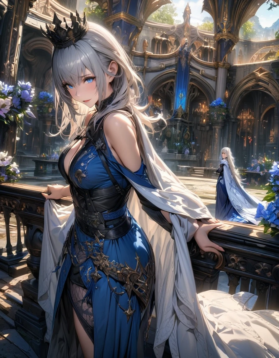 absurdres, highres, ultra detailed, HDR), masterpiece, best quality, vibrant blue eyes, finely eyes and detailed face, Elicia, white long hair, 1 adult woman, beautiful, blue dress, white cape, queen, Final fantasy xv, sanctuary, flowers