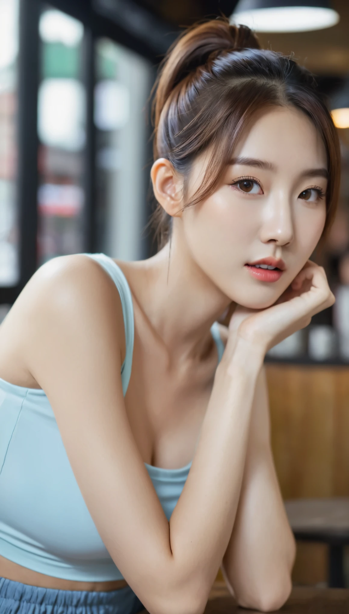 close-up of cute korean female, ponytail hair, wearing crop top, sitting in coffee shop, Uhd