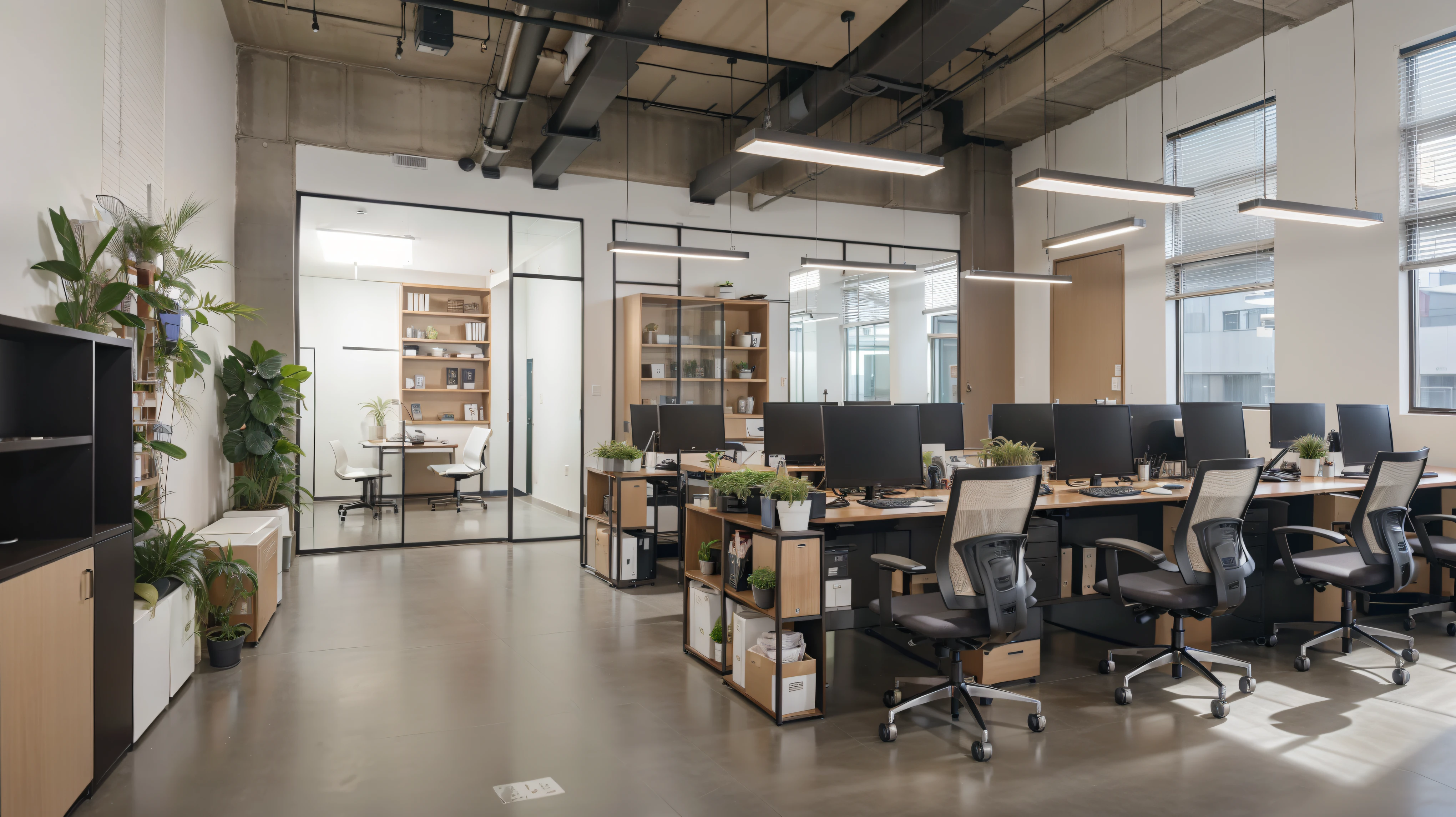 There are many tables and chairs in this office,There is another plant, modern office, In an open workspace, office, inside the office, industrial space, Behind the scenes office space, empty office, Photos of interior lofts, Develop office, Cube meeting room office, office cubicle, office furniture, office indoor, Commercial Ready, modern look, in an office