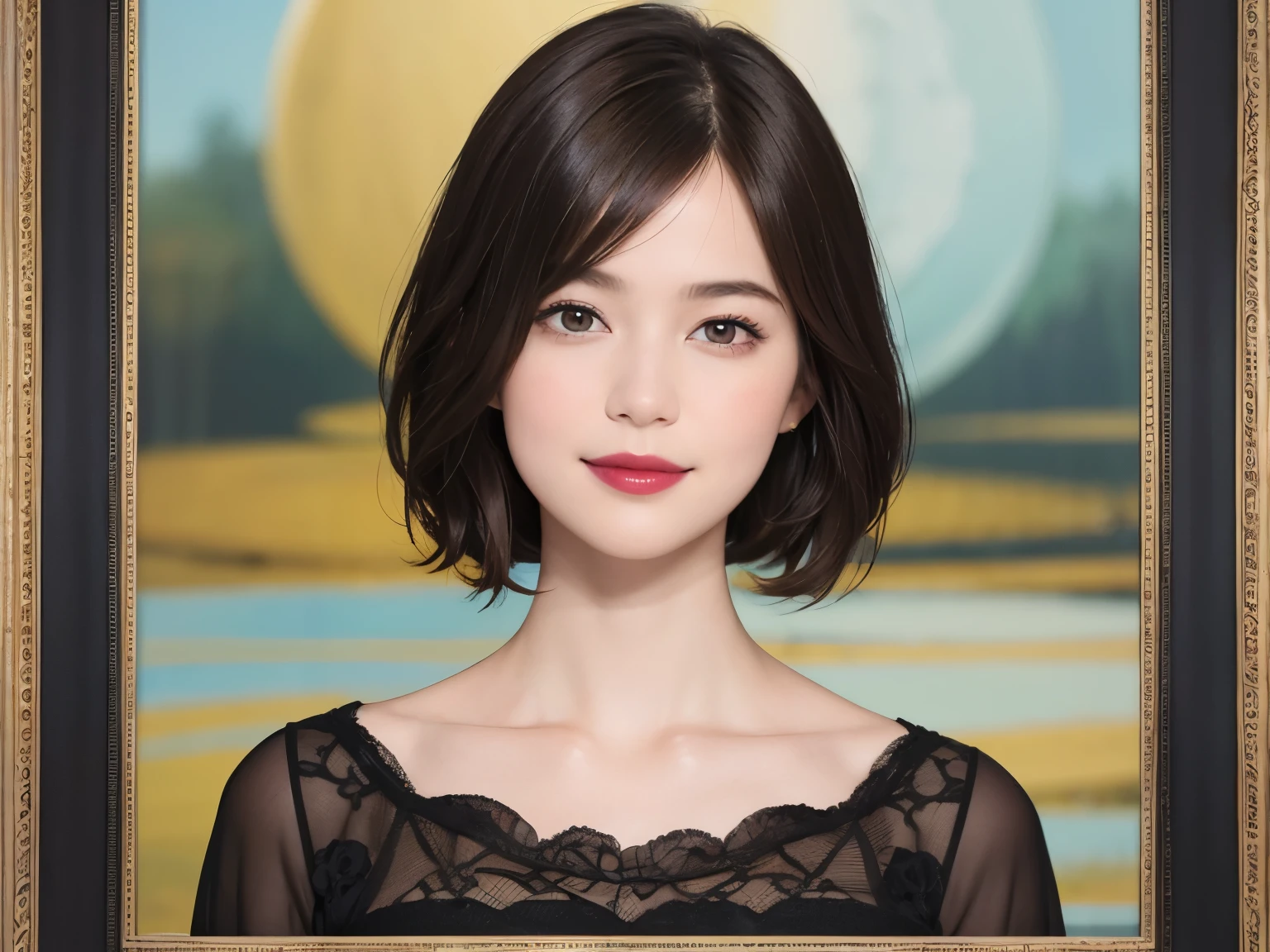 196 (snapdd00-Fp16), 1-9-6, woman, gentle smile, lipstick, short hair, The background is an avant-garde abstract painting....., big picture frame