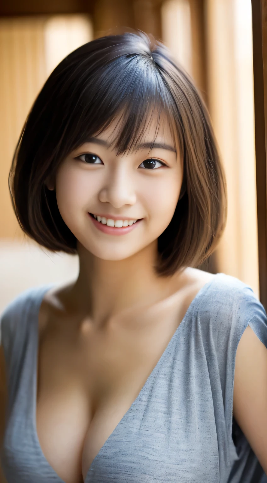 masterpiece,best quality,(Japanese ),((Beautiful girl)),cleavage,indoor,(perfect body beauty:1.2),(shy smile),beautiful teeth,