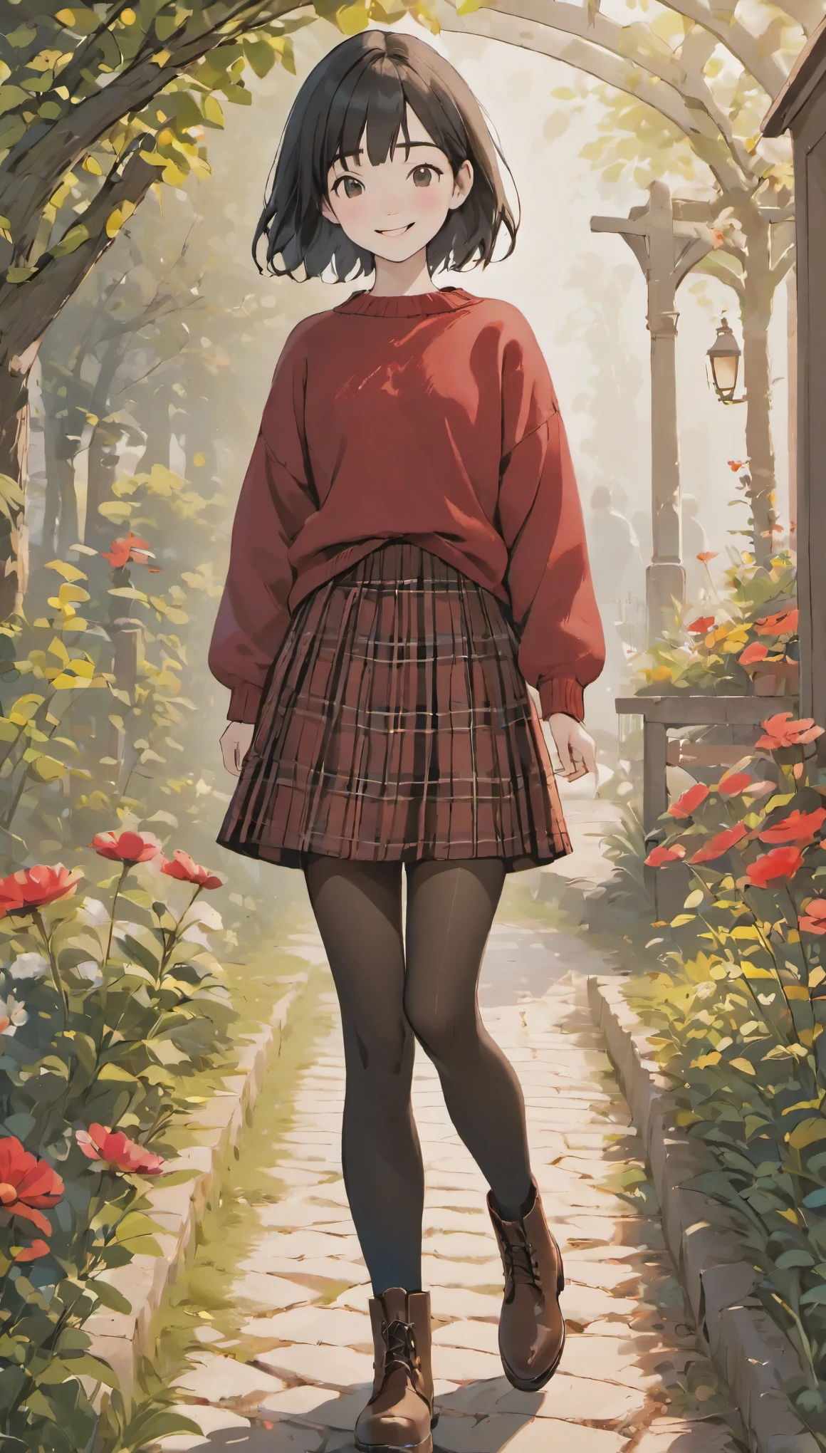 (high quality, High resolution, Super detailed, realistic:1.37), peaceful atmosphere, (outdoor, garden),  girl standing alone, , Beautiful detail features, cute smile, (black bob hair), ribbed sweater, red plaid skirt, black tights, brown boots.