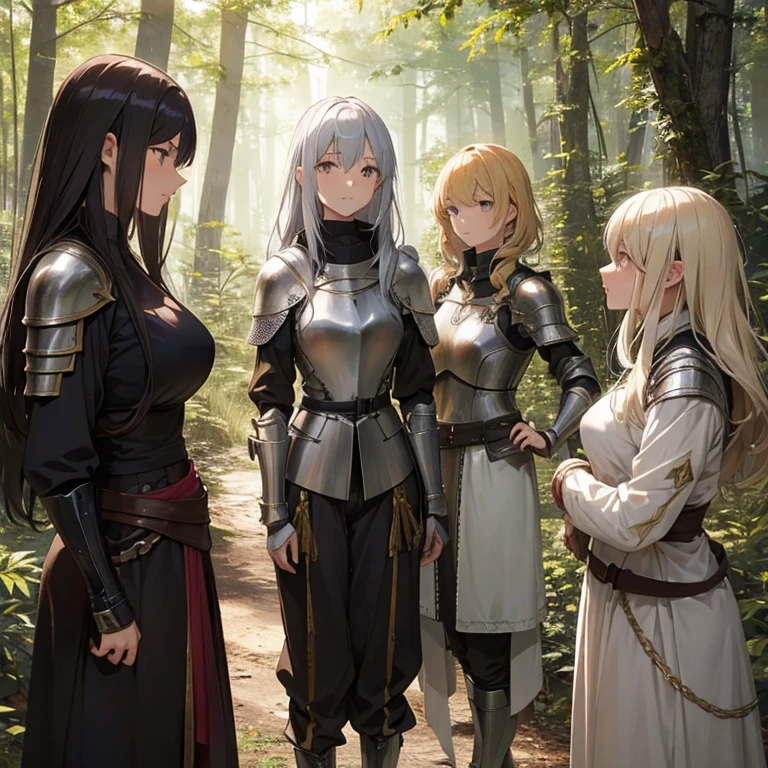 A group of  female knights, (in forest), various hair styles, metal armor, harem, trousers 
