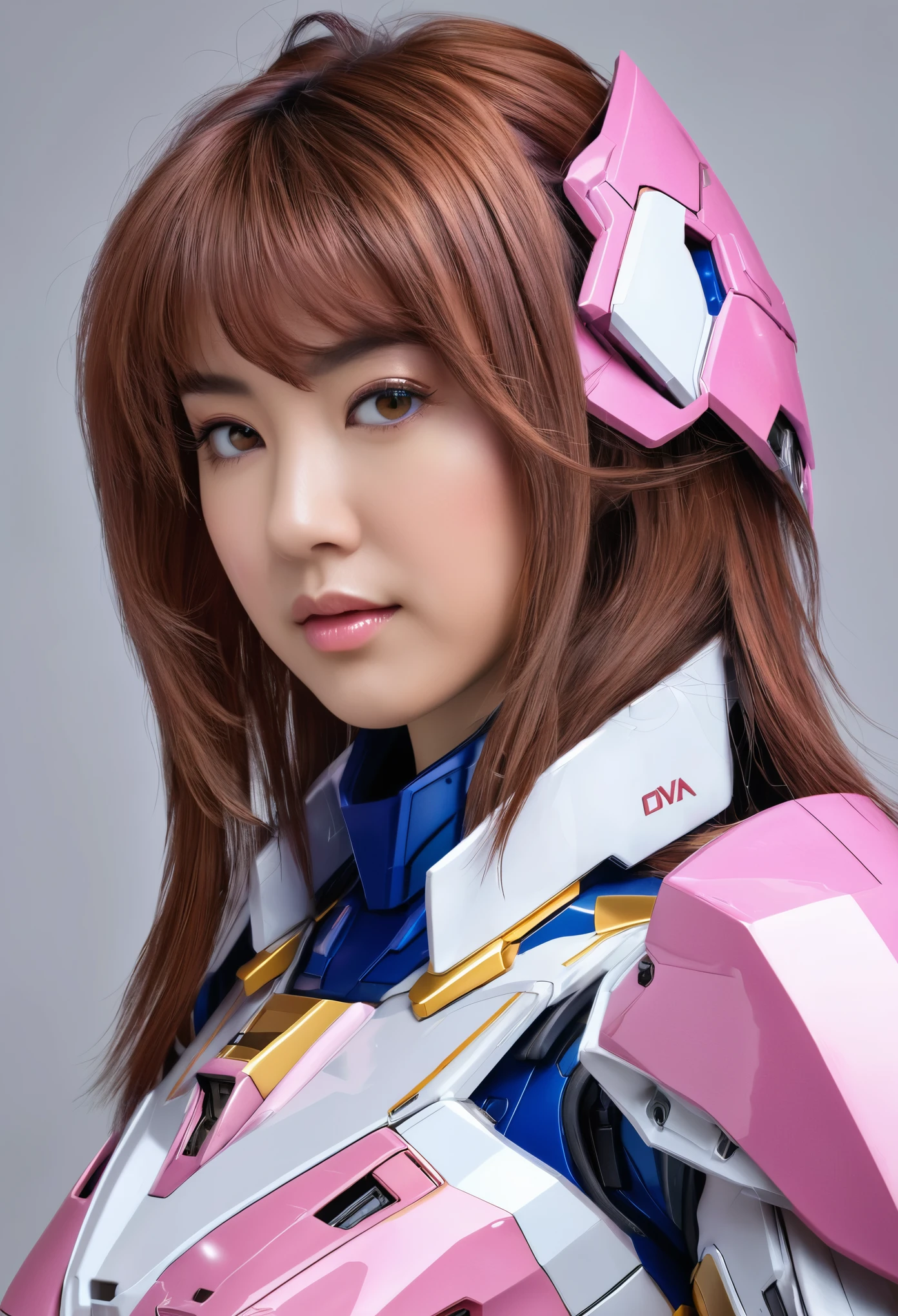 RAW, Masterpiece, Ultra Fine Photo,, Best Quality, Ultra High Resolution, Photorealistic, Sunlight, Full Body Portrait, Stunningly Beautiful,, Dynamic Poses, Delicate Face, Vibrant Eyes, (Side View) a close up of a woman in a pink and white gundam custume, dybamic pose, long brown very very long hair rapunzel, girl in mecha cyber armor, portrait armored astronaut girl, d. va from overwatch, female mecha, on a gundam, gundam head, chiho aoshima color scheme, mobile suit, streamlined purple armor, fully robotic!! girl, realistic cosplay, gundam armor (dynamic pose) (best cameraview), full body, sit down.