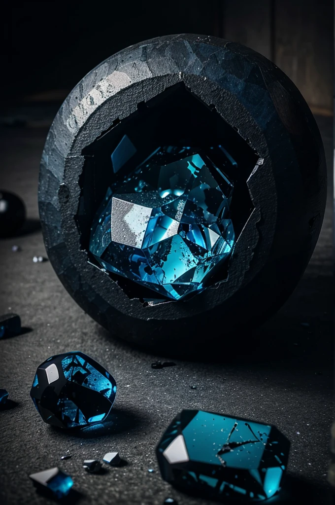 A blue gem surrounded by black obsidian and blue broken glass around it