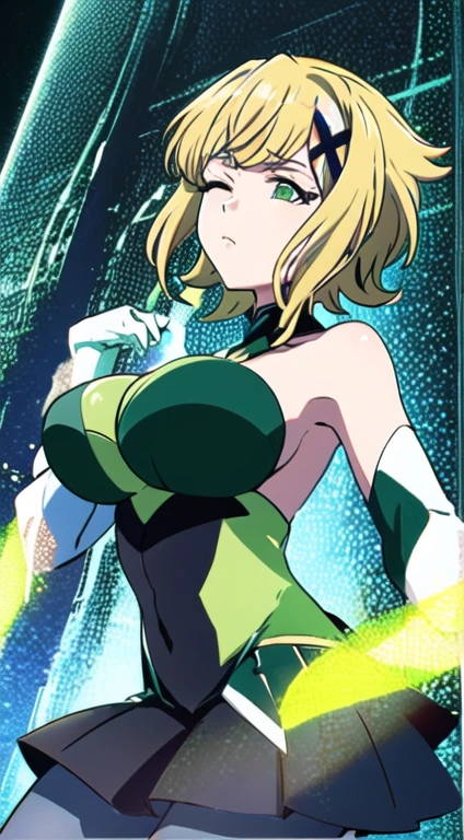 closed eyes, green transparent background, dynamic angle, flying in the center, ((masterpiece, best quality)), kirika akatsuki, aakirika, 1girl, topless, solo, young female, model, blonde hair, long wavy luminous hair, long bangs, huge breasts, g-cup breasts,full breasts, highest details, luminous eyes, x hair ornament, green eyes, ((futuristic magical girl costume)), elbow gloves, skirt, pantyhose,kirika akatsuki, short hair, x hair ornament,