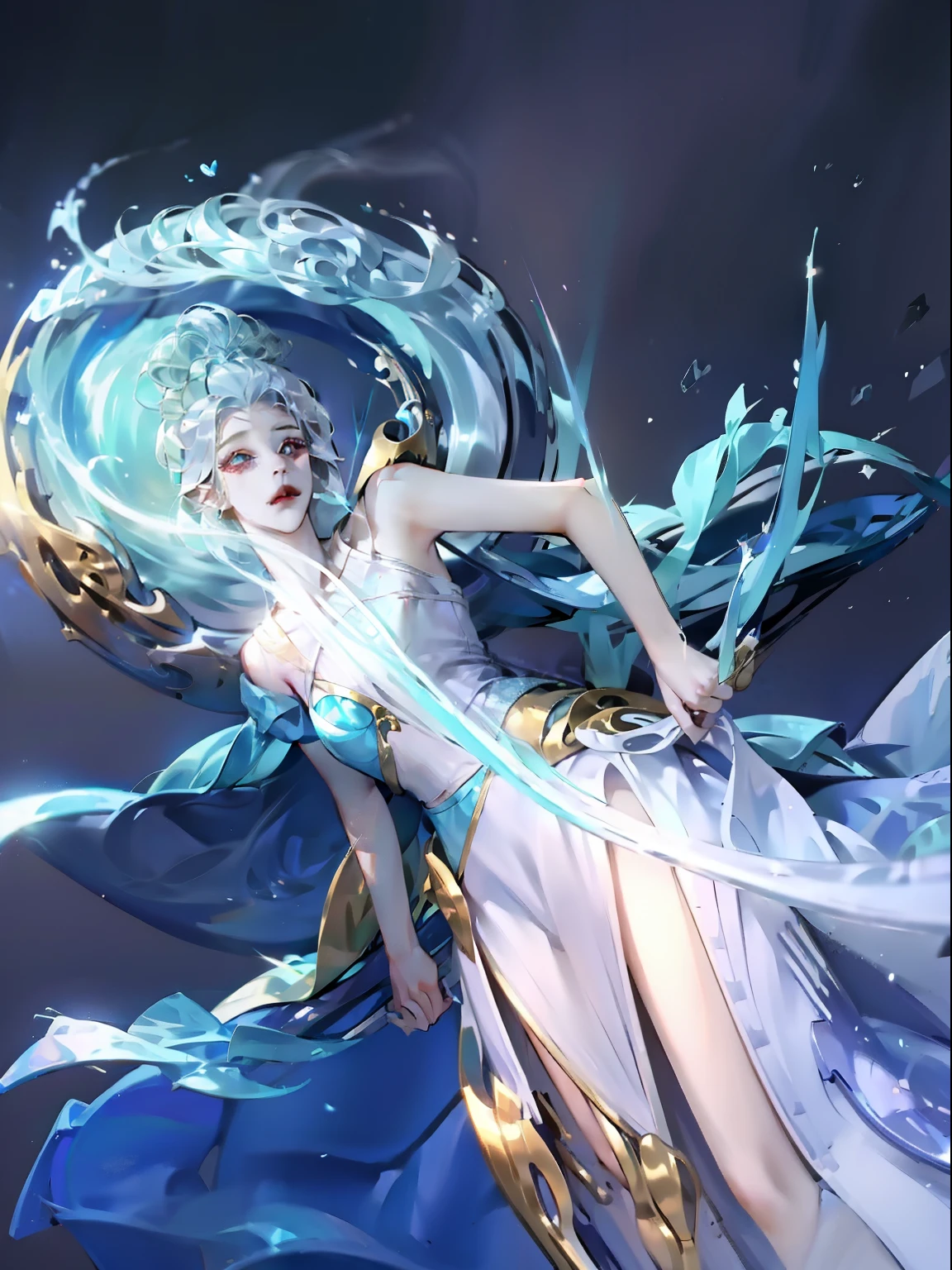 1 girl,clear water,blue butterfly,Pure white gauze skirt,sparkling,