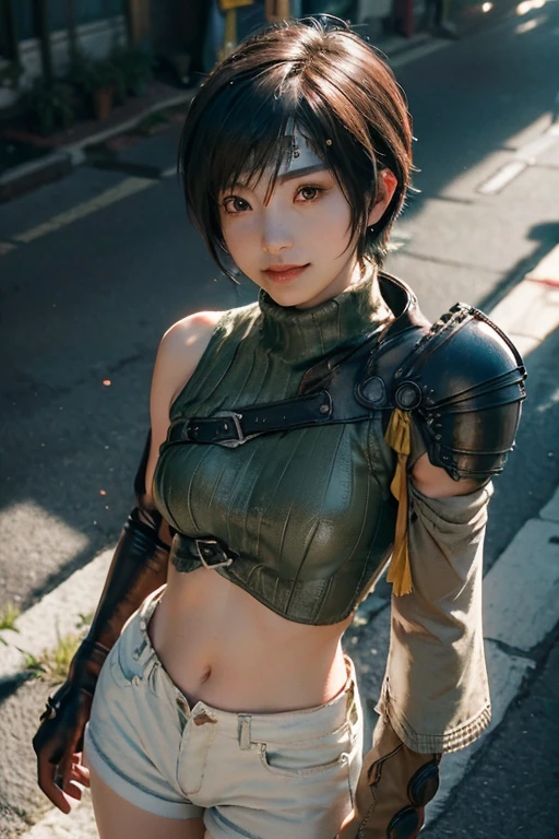 (masterpiece, best quality:1.4), ((1girl)), solo, (european youth:1), ((Yuffie Kisaragi)), ((16 years old)), short hair, , headband, sleeveless turtleneck, shoulder armor, armguard, fingerless gloves, tan shorts, single thighhigh, fishnets, high detailed skin, dslr, soft lighting, high quality, highly detailed face, highly detailed skin, skin pores, subsurface scattering, realistic pupils, medium breast, full face blush, full lips, detailed background, depth of field, volumetric lighting, sharp focus, absurdres, realistic proportions, good anatomy, ((cowboy shot)), ((looking at viewer)), ((light smile)), (realistic, hyperrealistic:1.4), 16k hdr,, from above, traditional japanese architecture