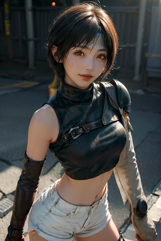 (masterpiece, best quality:1.4), ((1girl)), solo, (european youth:1), ((Yuffie Kisaragi)), ((************)), short hair, , headband, sleeveless turtleneck, shoulder armor, armguard, fingerless gloves, tan shorts, single thighhigh, fishnets, high detailed skin, dslr, soft lighting, high quality, highly detailed face, highly detailed skin, skin pores, subsurface scattering, realistic pupils, medium breast, full face blush, full lips, detailed background, depth of field, volumetric lighting, sharp focus, absurdres, realistic proportions, good anatomy, ((cowboy shot)), ((looking at viewer)), ((light smile)), (realistic, hyperrealistic:1.4), 16k hdr,, from above, traditional japanese architecture