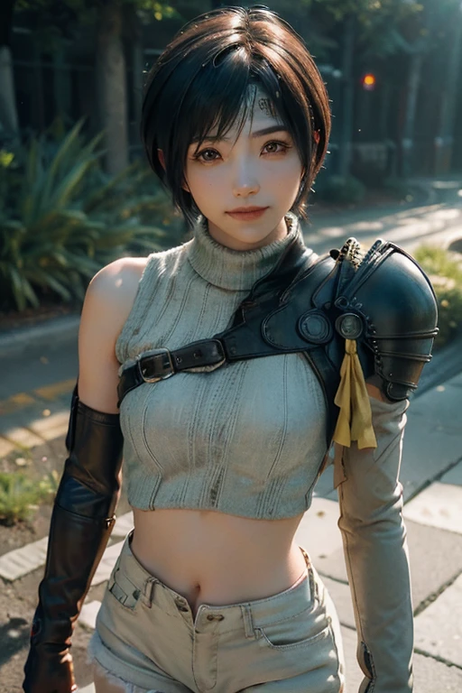 (masterpiece, best quality:1.4), ((1girl)), solo, (european youth:1), ((Yuffie Kisaragi)), ((************)), short hair, , headband, sleeveless turtleneck, shoulder armor, armguard, fingerless gloves, tan shorts, single thighhigh, fishnets, high detailed skin, dslr, soft lighting, high quality, highly detailed face, highly detailed skin, skin pores, subsurface scattering, realistic pupils, medium breast, full face blush, full lips, detailed background, depth of field, volumetric lighting, sharp focus, absurdres, realistic proportions, good anatomy, ((cowboy shot)), ((looking at viewer)), ((light smile)), (realistic, hyperrealistic:1.4), 16k hdr,, from above, traditional japanese architecture