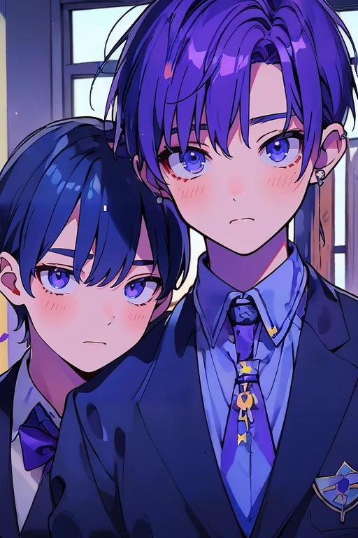 (muste piece), (best quality), very detailed, (((Two friendly high school boys:1.5))), perfect face, beautiful face, very detailed face,(purple haired man:1.3),(blue haired man:1.3),School,classroom,student uniform,white uniform, tie,shirt
