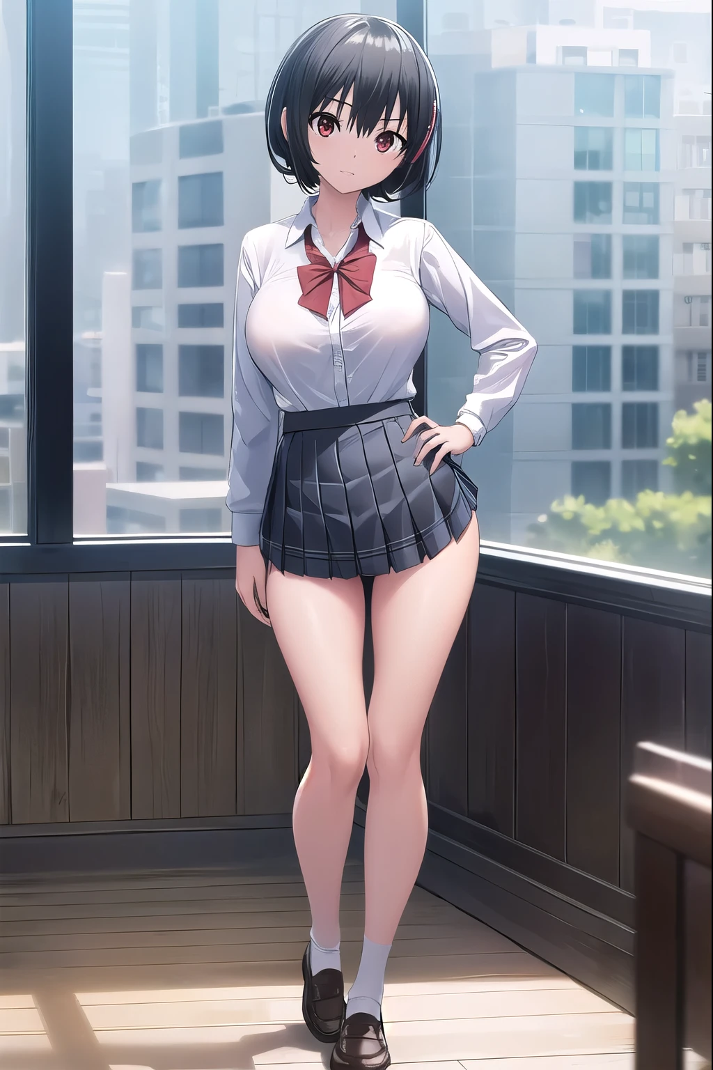 aimizuno, ai mizuno, black hair, hair between eyes, (red eyes:1.5), short hair,
BREAK  black legwear,  black skirt,  brown footwear, collared shirt, loafers, long sleeves, miniskirt, plaid, plaid neckwear, plaid skirt, pleated skirt, , shirt, shoes, skirt, sweater, (white shirt:1.6), wing collar,  JS_ShortSkirt, (micro mini skirt:1.8),(white panty), (short skirt:1.6)
BREAK looking at viewer, full body, standing, (thong:1.4), (full body:1.4), 
BREAK indoors, classroom,
BREAK (masterpiece:1.2), best quality, high resolution, unity 8k wallpaper, (illustration:0.8), (beautiful detailed eyes:1.6), extremely detailed face, perfect lighting, extremely detailed CG, (perfect hands, perfect anatomy), (huge breasts:1.4), (slim:0.8)