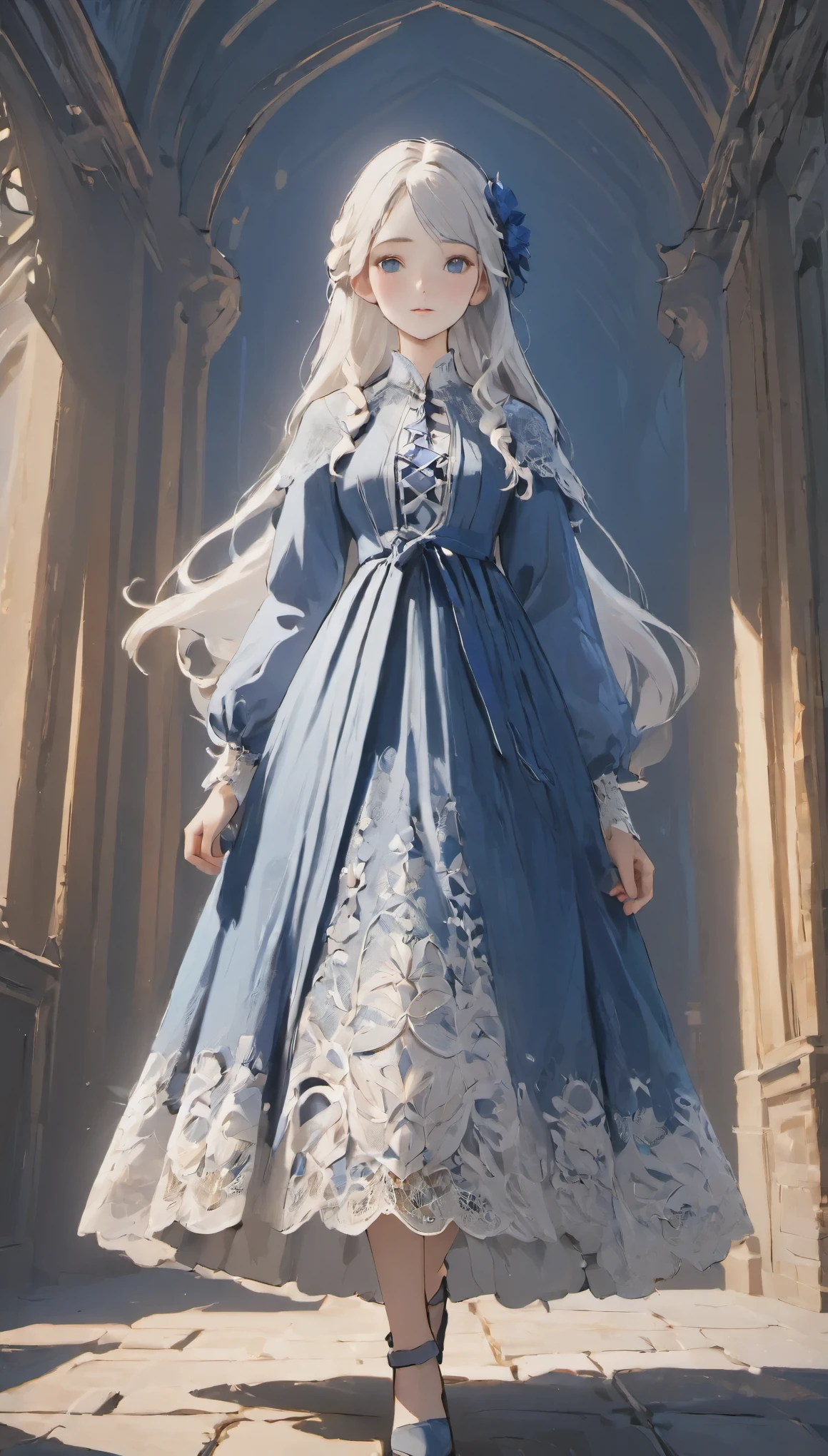 female adventurer, full body, small face、Game Art Style, (masterpiece),  highest quality, High resolution, 4k, 8K, Detail view, intricate details, cinematic lighting, amazing quality, 1 girl、elegant indigo white lace style dress、Indigo and white line dress with detailed and artistic lace、pretty dress、Super Luxury Dresses、beautiful white hair, great shading, soft lighting, Face-to-face camera, perfect eyes