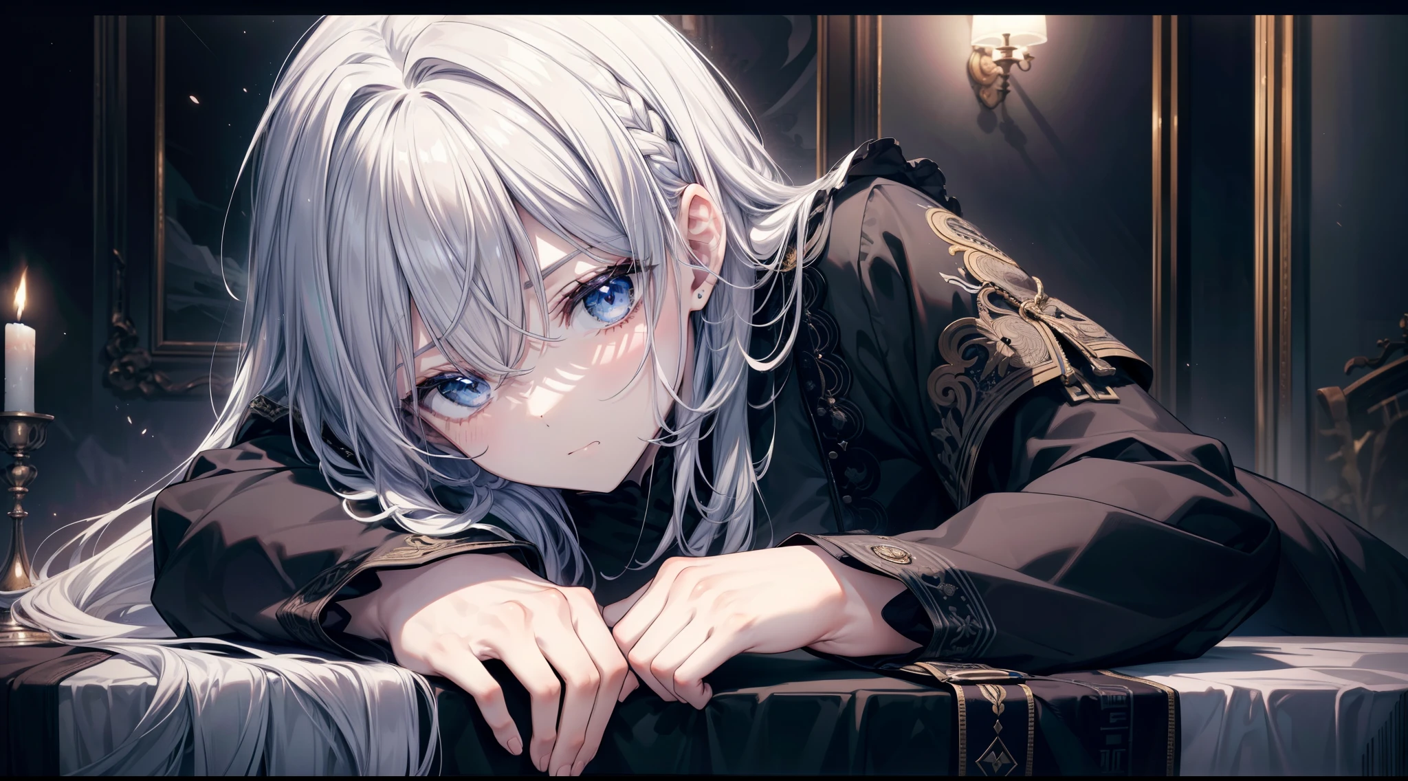 (table top, highest quality), intricate details, 8K, sharp focus quality) (fine skin:1.3) (intricate details) (8K) (fine eyes) (anime) mens character, Soft bristles, long hair, gray hair, light blue eyes, mens, anime mens, frontage, 素敵なmens子, perfect face, fine eyes, bold background, detailed accessories, Unique costumes, clear eyes, mens, youth, Idol, dark color, white skin, defined functionality, model, gothic, symbolism, comfortable clothing, dark room, messy room, indoors, detailed background, bold colors, bold outline, sharp face, nighttime, night, Pause, good looking, sleepy, tired, drooling eyes