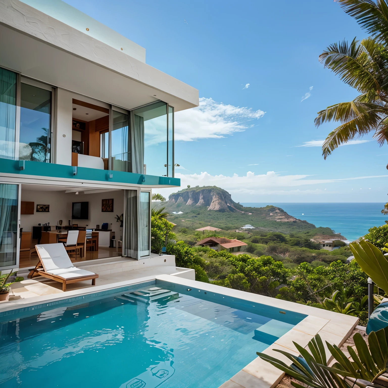 Villa in a Modern tropic style architecture , near a rock cliff, with a blue ocean view, glass facade, flat rooftop
