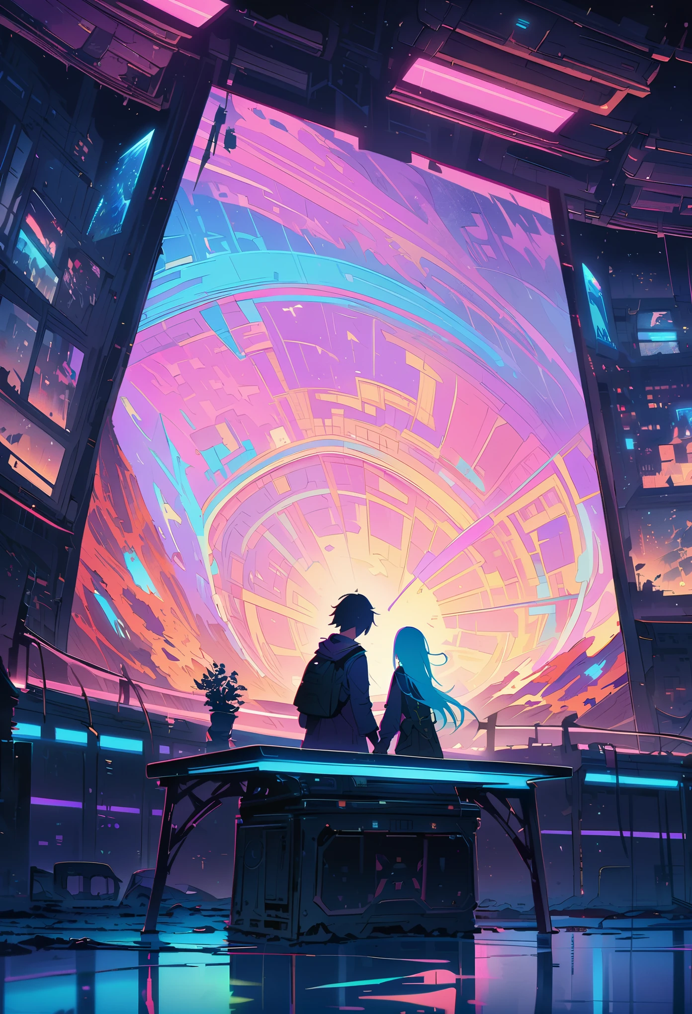 ((friendship)), end of the world, epic reality, (high dynamic range:1.4), (pastel colors:1.4), Revelation, abandoned, neutral color, night, screen space refraction, (intricate details), (intricate details, Super detailed:1.2), art station, movie shot, vignette, complex background, architecture,((hold hands))