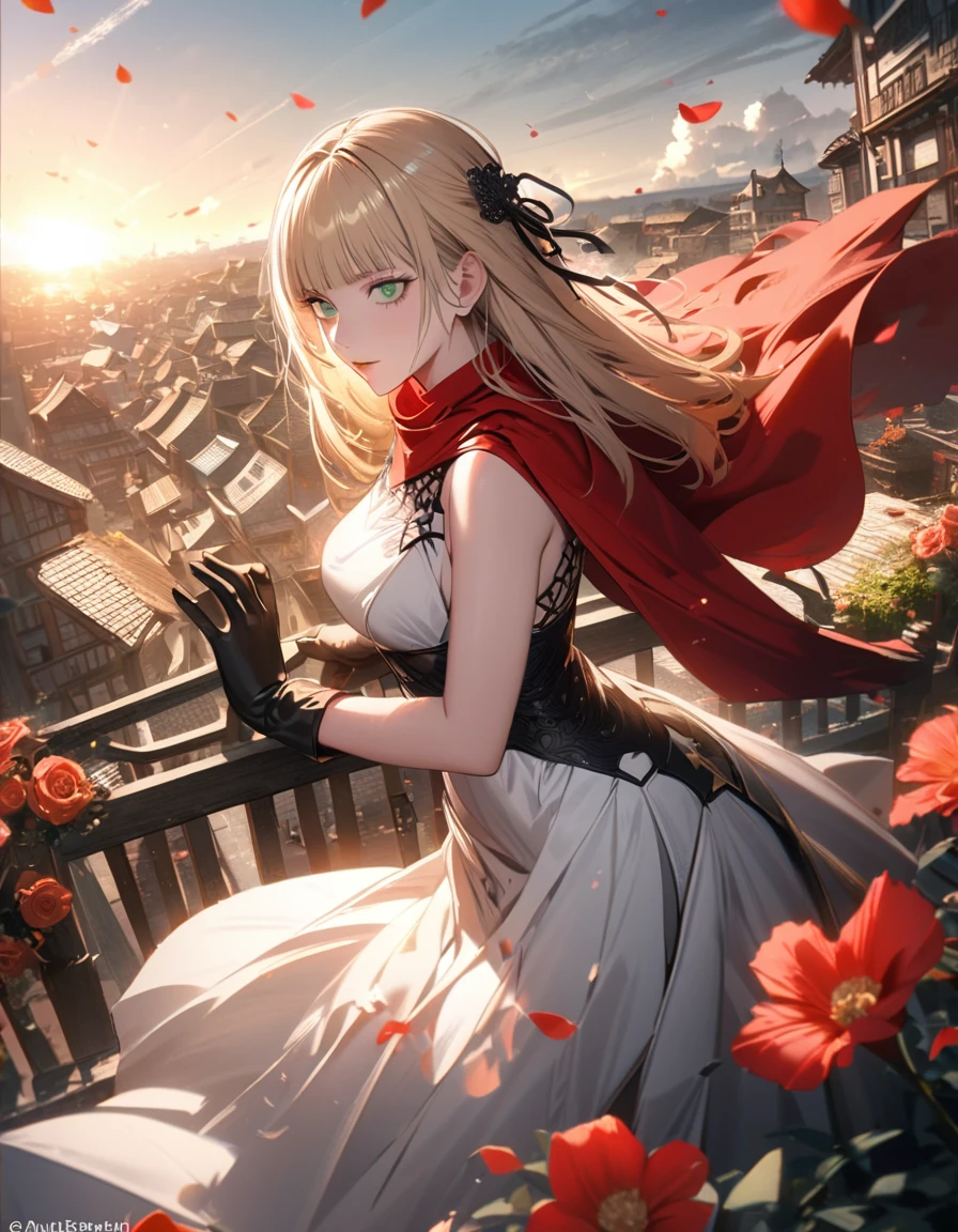 4k, very detailed, hd, Aida, ash blonde hair with bangs, green eyes, white fantasy dress with black patterns, red cape, Jujutsu Kaisen, town, flowers and petals, sunlight, black ribbon on her hair, 1 woman only, pretty, extreme beautiful, black gloves,