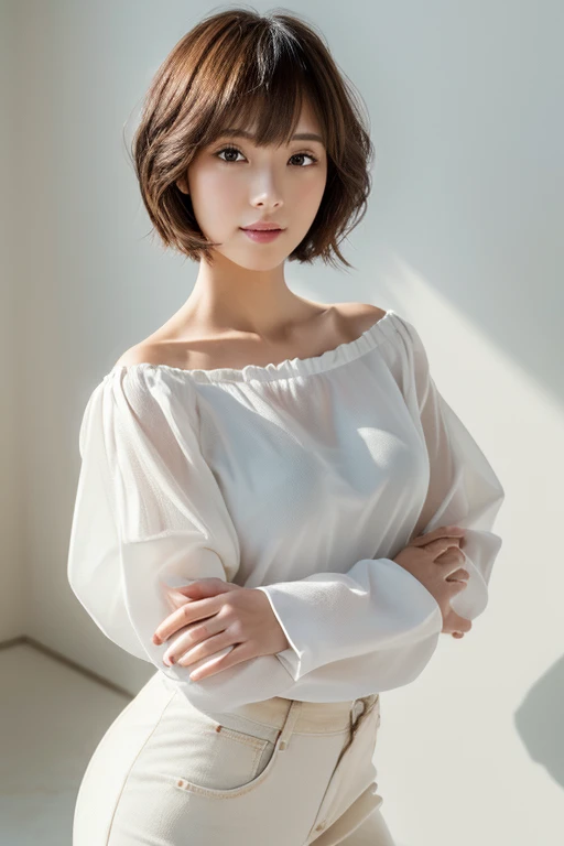 ((masterpiece,top-quality)), (photographrealistic:1.4),((masutepiece,8K)),hight resolution,Studio Soft Light, Rim Lights, vibrant detail, realistic skin textures,Japanese, 1 beautiful woman, short Hair, wave hair, faint thin bangs, make - up, 38 years old, Detailed skin, long-sleeve tunic blouse, wide-leg pants, Standing, White background, White Room,white walls, fully body photo, looking at viewer