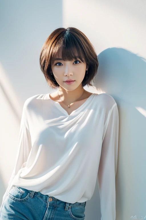 ((masterpiece,top-quality)), (photographrealistic:1.4),((masutepiece,8K)),hight resolution,Studio Soft Light, Rim Lights, vibrant detail, realistic skin textures,Japanese, 1 beautiful woman, short Hair, wave hair, faint thin bangs, make - up, 38 years old, Detailed skin, long-sleeve tunic blouse, wide-leg pants, Standing, White background, White Room,white walls, fully body photo, looking at viewer