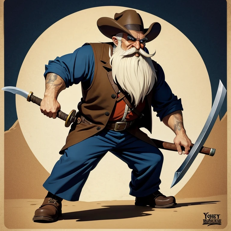 cartoon of old bearded man with cane and sword, style of yosemite sam