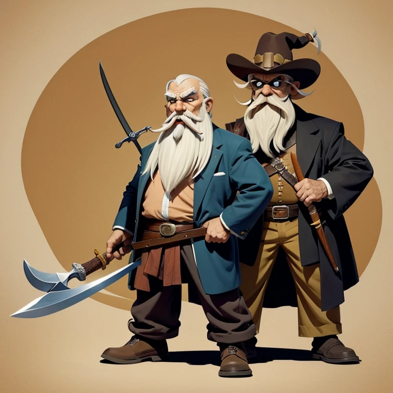 cartoon of old bearded man with cane and sword, style of yosemite sam