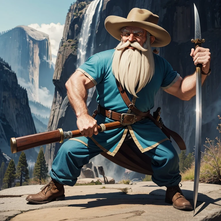 cartoon of old bearded man with cane and sword, style of yosemite sam