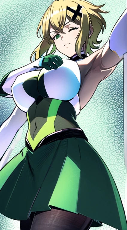 closed eyes, green transparent background, dynamic angle, flying in the center, ((masterpiece, best quality)), kirika akatsuki, aakirika, 1girl, topless, solo, young female, model, blonde hair, long wavy luminous hair, long bangs, huge breasts, g-cup breasts,full breasts, highest details, luminous eyes, x hair ornament, green eyes, ((futuristic magical girl)), elbow gloves, skirt, pantyhose,kirika akatsuki, short hair, x hair ornament,