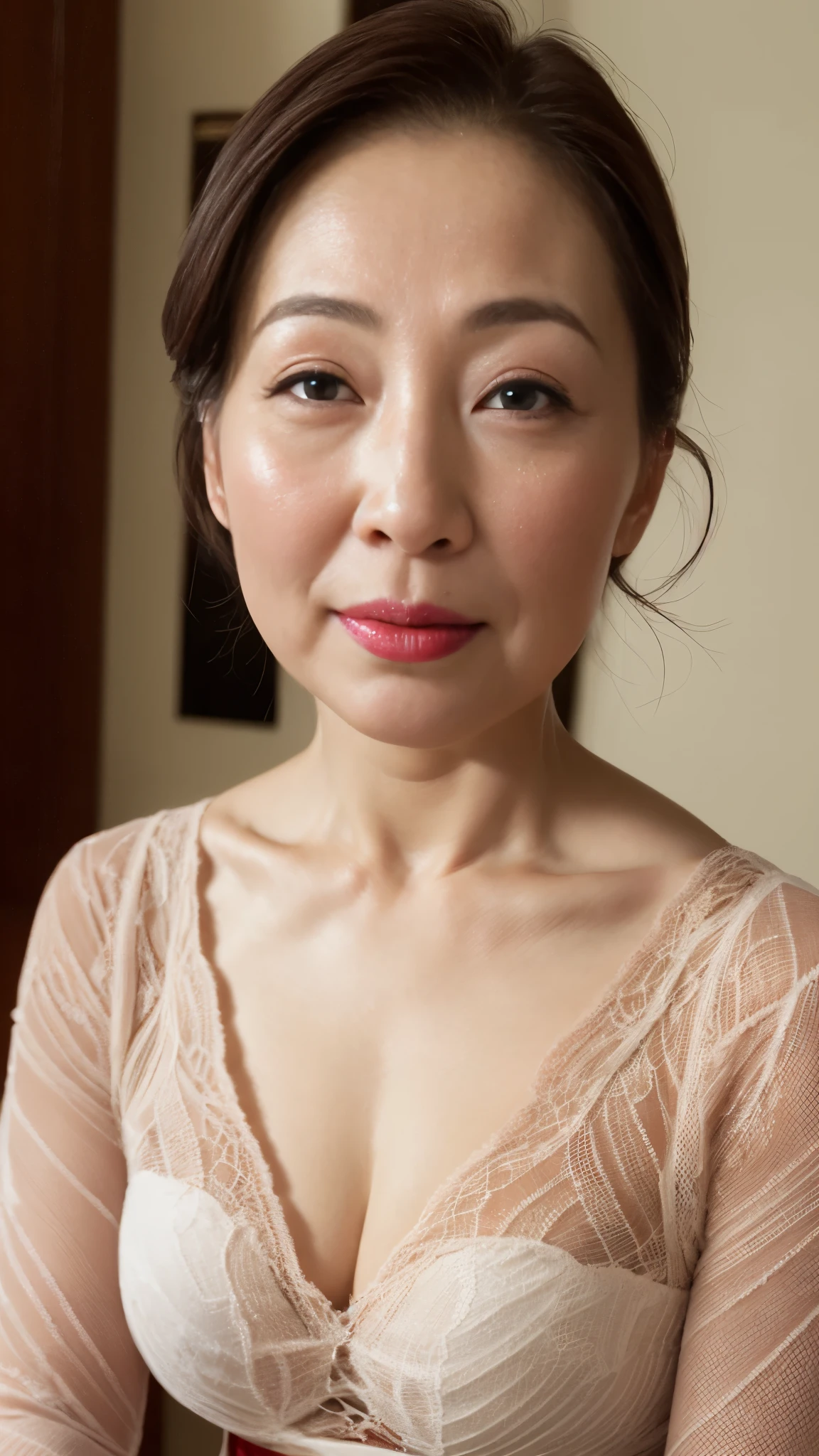 Late Elderly, gravure, Face close-up, Heavy makeup, Highest quality, Super detailed, Realistic, Highly detailed skin, Perfect Anatomy, (chinese mature woman), (alone), 100 years old, Big Breasts, Mature Pornstar, Glamour, Sexy, Chromo White Skin, View Viewer,