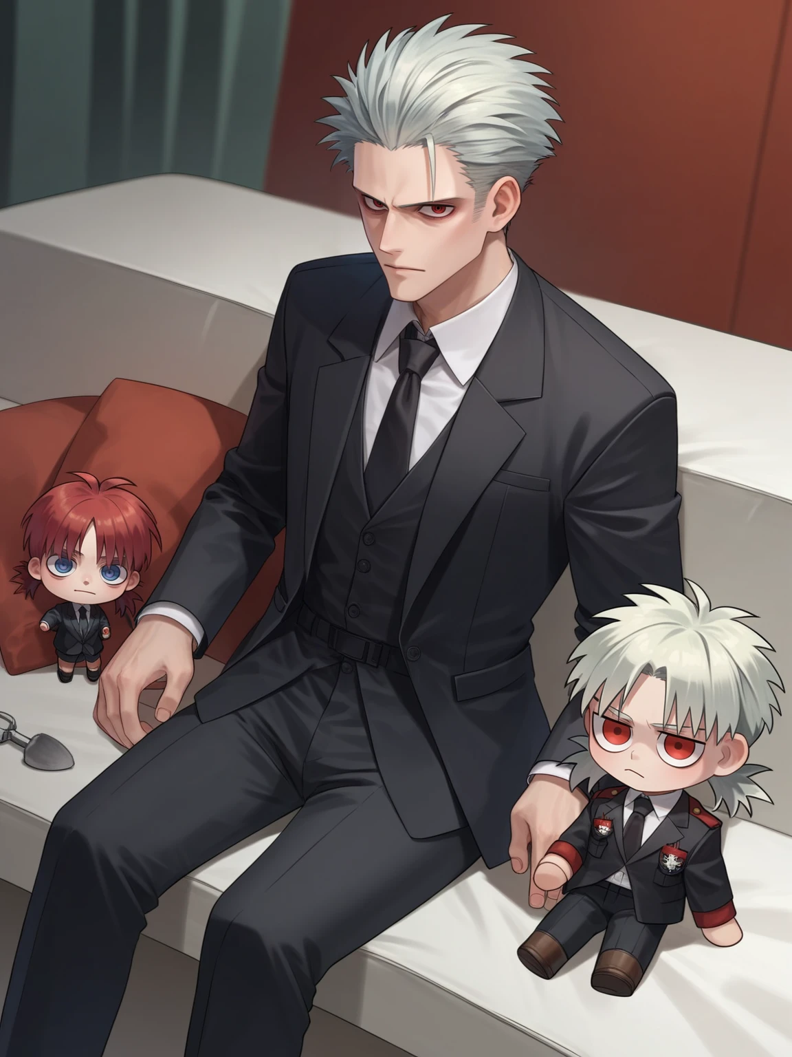 score_9, score_8_up, score_7_up, source_fumo, solo, hellsing, formal, suit, black jacket, black necktie, long sleeves, black pants, fumo \(doll\), chibi, sitting, chibi style, ((fumo)), fumo toy, ((fumo doll))