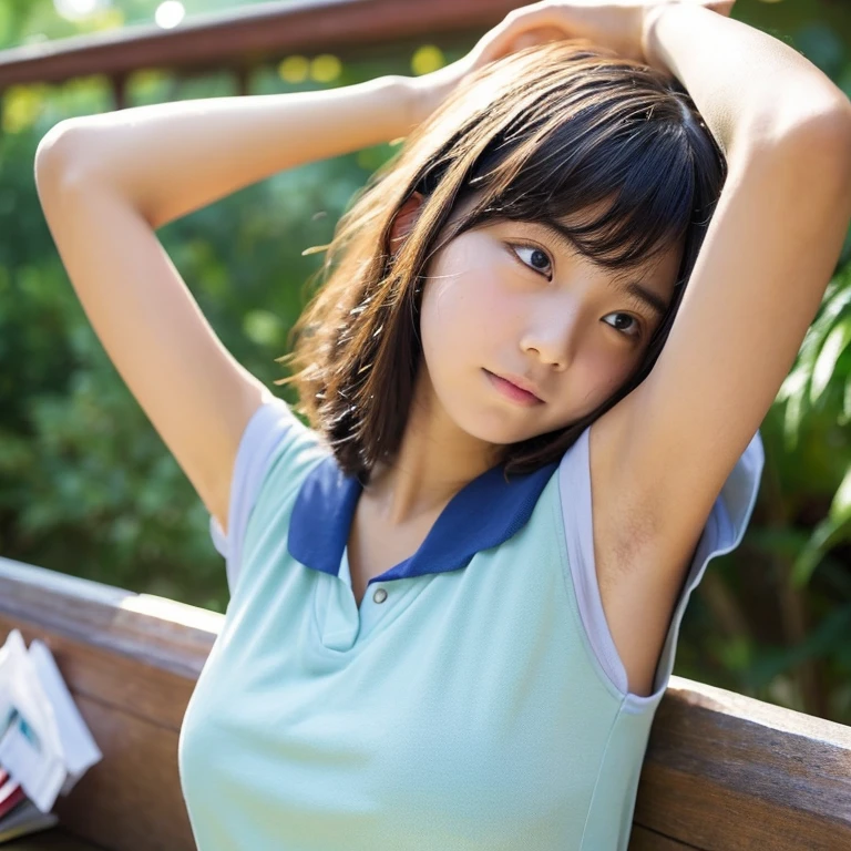 Cute Japan High School Student、put your hands behind your head、Show your armpits to the photographer、sweaty、hot and humid、I can see the side、There is a little bit of armpit hair growing、classroom、sit on the desk