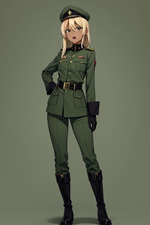 anime picture、Full body portrait、dark green military uniform、A 38-year-old dark-skinned woman, about 170cm tall.、screaming with open mouth、medium-length blonde hair、military cap、gloves、boots