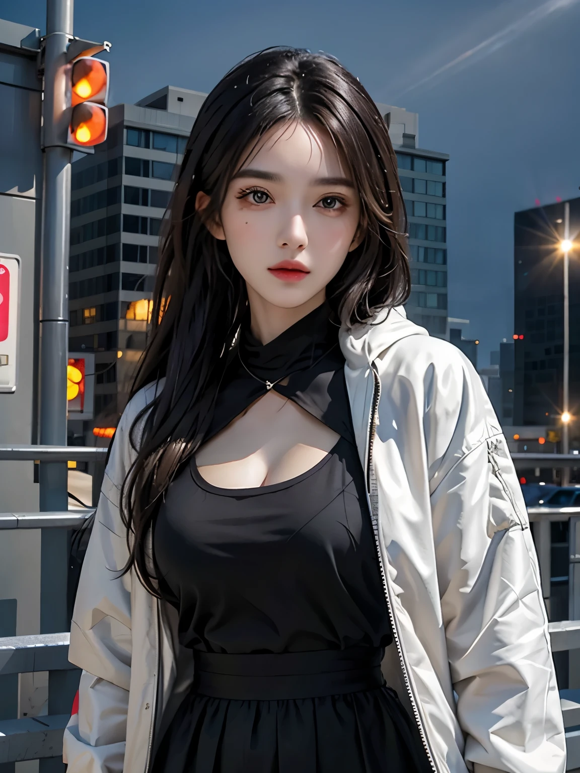 lifelike, High resolution, 1 female, alone, Hips raised, look at the audience, (Detailed face), Colorful streetwear, Jacket, dress, , winter night，Highly detailed facial and skin textures, delicate eyes, double eyelids，surreal，Super real photos，美丽delicate eyes，black hair，bohemian long hair，There is light on the face, movie lighting，illustration, Very detailed，Level verbose, High resolution, Very detailed, best quality, masterpiece