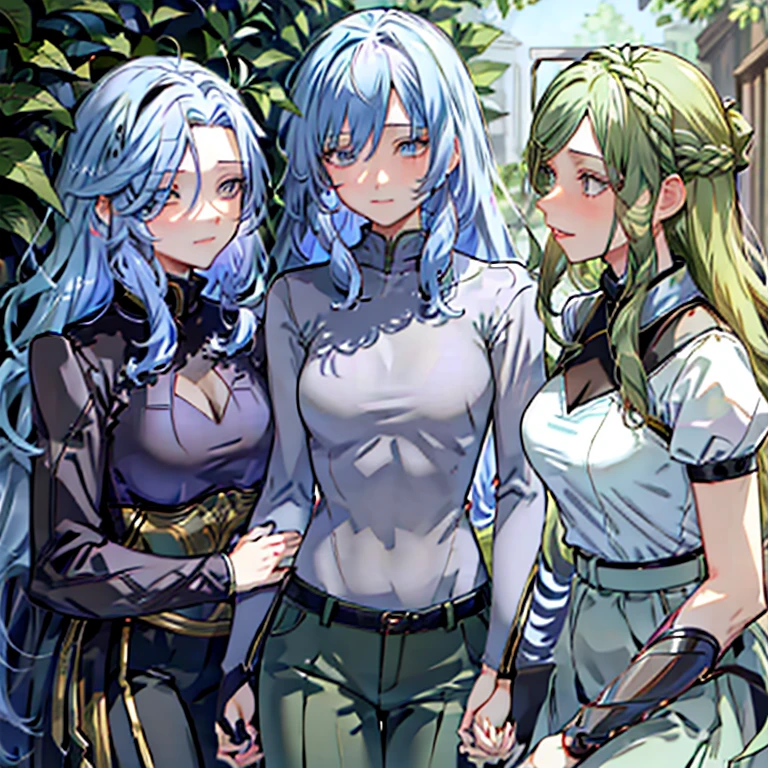A group of female knights, (in forest), various hair styles, metal armor, harem, trousers, armpits licking