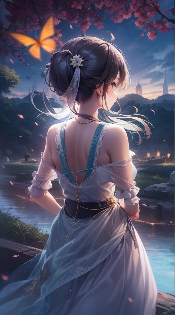 original, (masterpiece), (illustration), (extremely fine and beautiful), (perfect details), (unity CG 8K wallpaper:1.05), (beautiful and clear background:1.25), (depth of field:0.7),1girl,huanxiaoyi , (stands aside the river:1.15).(hair blowing with the wind:1.1),butterflys flying around, (moon light:0.6), tree, (summer), (night:1.2), (close-up:0.35), (gloves:0.8), solo ,