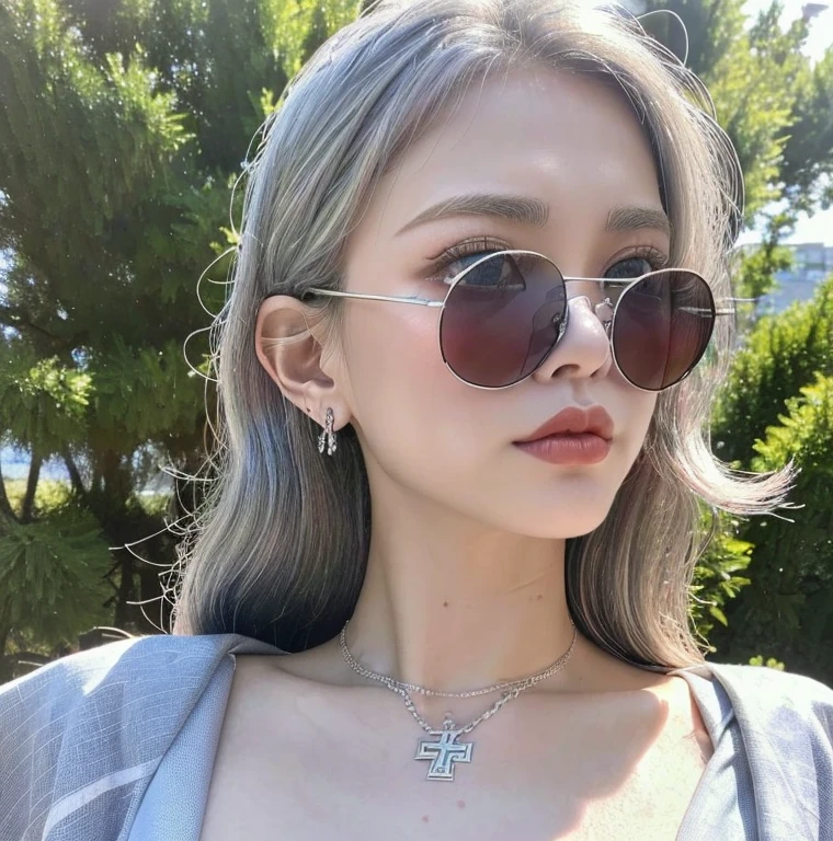 1 miniature Beautiful beautiful woman - Yuan Sayuki, ((top quality, 8K, Masterpiece:1.retty woman, 1 woman, huge breasts:1.3, a slim body:1.1, lush white long hair, (shower, wet body, wet clothes:1.1), very detailed face, detailed lips, detailed eyes, double eyelids, Detailed blue eyes, чрезвычайно Detailed Outstanding Blue Eyes, white wet hair, white wet hair, Detailed Outstanding Blue Eyes, innocent look at the viewer, very wet wavy white hair, Detailed Outstanding Blue Eyes, huge cross earrings, White kimono (Sport, martial art, jiu-jitso), bare chest, huge chest tattoo wearing a wreath, detailed huge earrings, chest tattoo, Outside - there are trees and a buddhist temple in the background, Buddhism temple behind, wear a silver cross (Detailed cross shape), reality mode, wet breasts, black necklace, human crowd behind, naked breasts, naked breasrs, naked nipples, hair of white snowy colour, accurately detailed RED TAINTED GLASSES