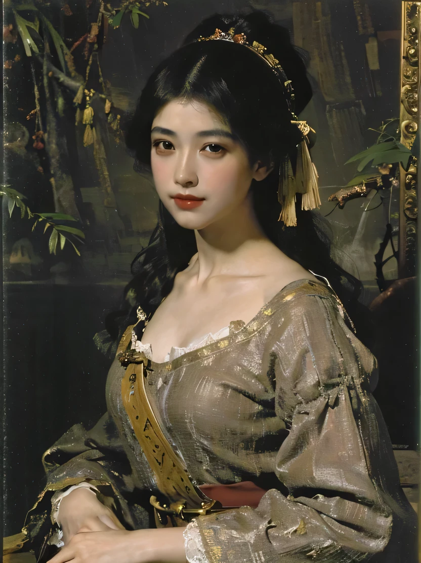 ((masterpiece、highest quality、Super detailed、High resolution、sharp focus、cinematic lighting))、((1 female、bust shot))、long black hair woman、Westerners、exquisite features、chignon、Hairpin、red chinese style dress、plain wall background、((renaissance classic oil painting style))、put your hands on your hips、sit on a stool、((view audience、Detailed hand depiction))、Fechin、oil painting