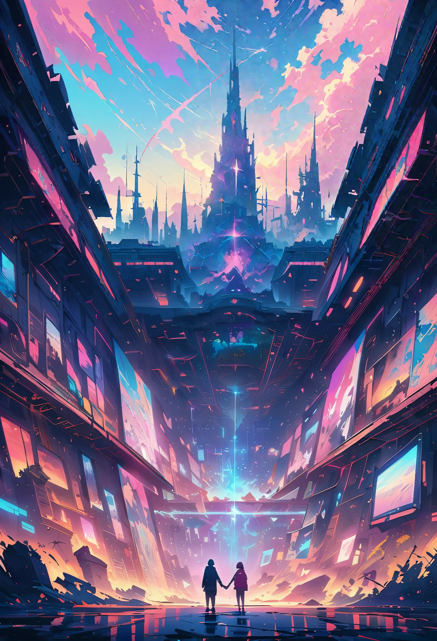 ((friendship)), end of the world, epic reality, (high dynamic range:1.4), (pastel colors:1.4), Revelation, abandoned, neutral color, night, screen space refraction, (intricate details), (intricate details, Super detailed:1.2), art station, movie shot, vignette, complex background, architecture,((hold hands))