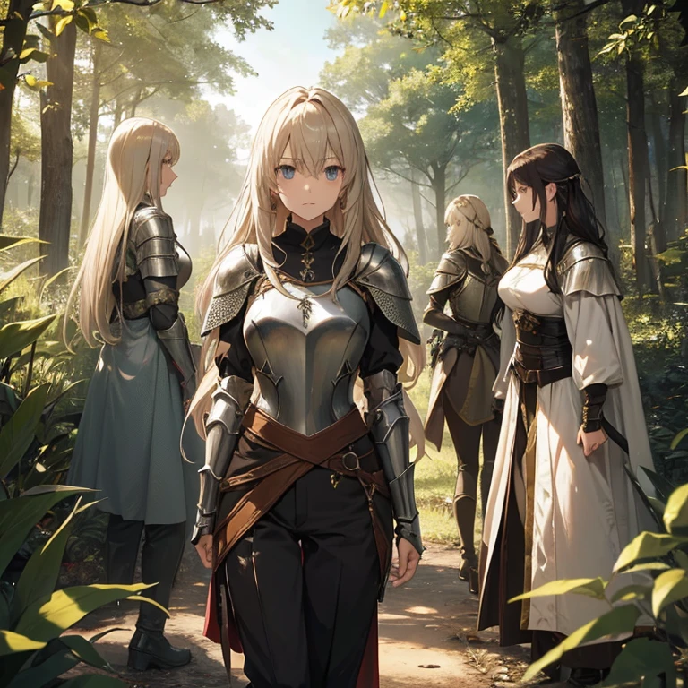 A group of  female knights, (in forest), various hair styles, metal armor, harem, trousers, seducing