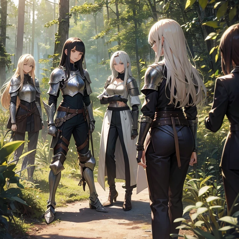 A group of  female knights, (in forest), various hair styles, metal armor, harem, trousers, seducing
